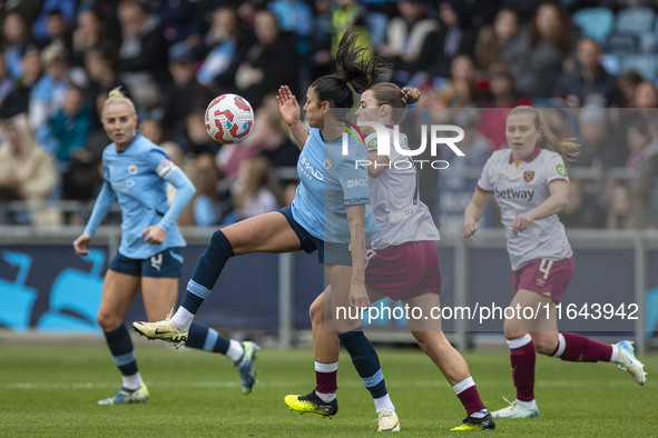 Leila Ouahabi #15 of Manchester City W.F.C. is in action during the Barclays FA Women's Super League match between Manchester City and West...