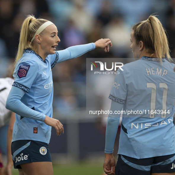 Chloe Kelly #9 of Manchester City W.F.C. gesticulates during the Barclays FA Women's Super League match between Manchester City and West Ham...