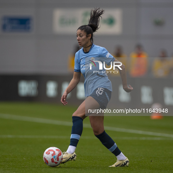 Leila Ouahabi #15 of Manchester City W.F.C. participates in the Barclays FA Women's Super League match between Manchester City and West Ham...