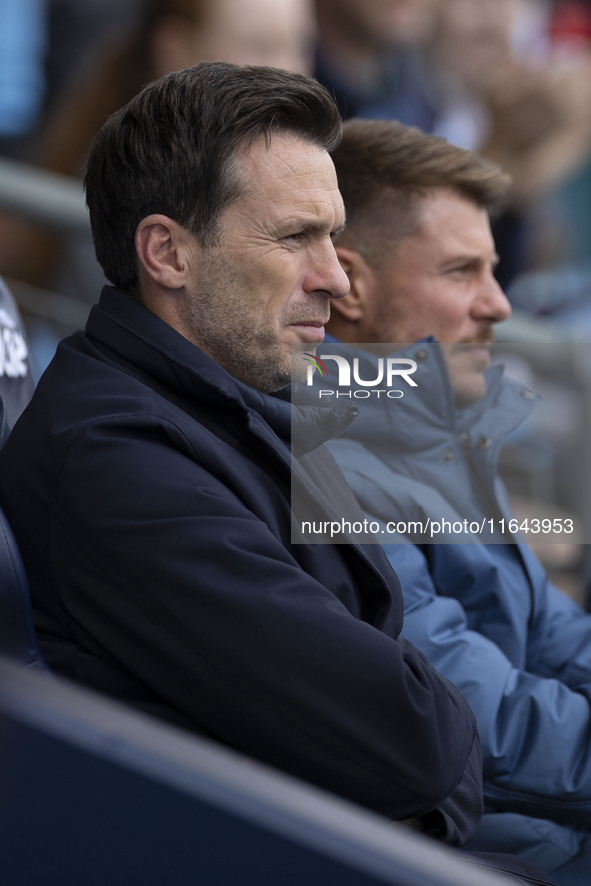 Manchester City W.F.C. manager Gareth Taylor is present during the Barclays FA Women's Super League match between Manchester City and West H...