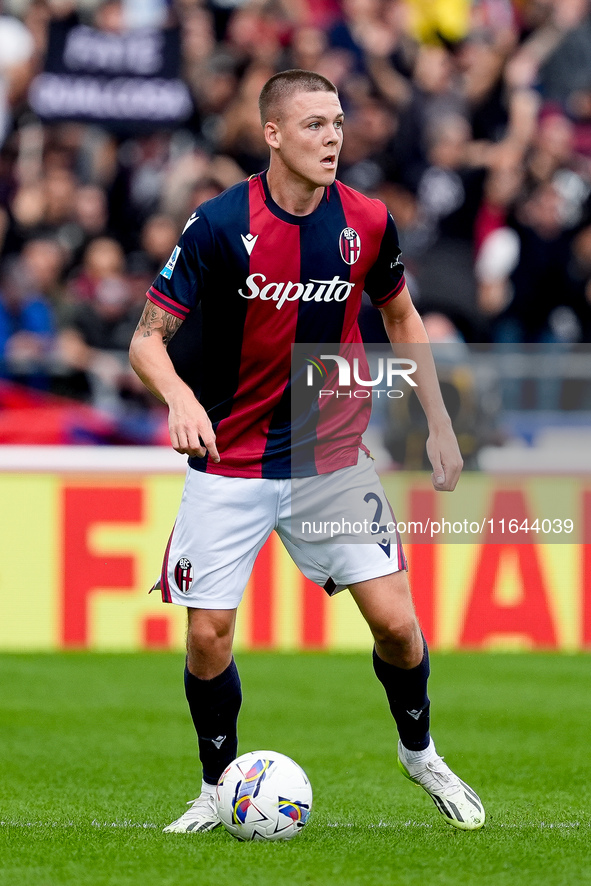 Emil Holm of Bologna FC during the Serie A Enilive match between Bologna FC and Parma Calcio 1903 at Stadio Renato Dall'Ara on October 06, 2...