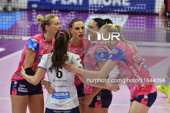 Reale Mutua Fenera Chieri '76 celebrates a point during the Italian women's Serie A1 Volleyball championship Day 1 match between Reale Mutua...