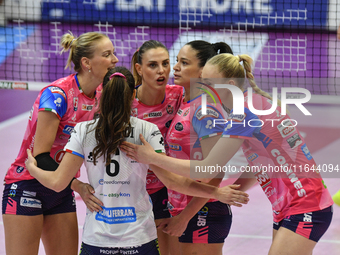 Reale Mutua Fenera Chieri '76 celebrates a point during the Italian women's Serie A1 Volleyball championship Day 1 match between Reale Mutua...