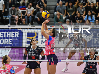 Francesca Bosio of Igor Novara is in action during the Italian women's Serie A1 Volleyball championship: Day 1 match between Reale Mutua Fen...