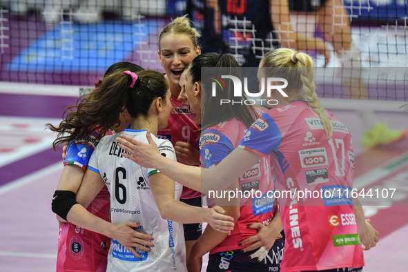 Igor Gorgonzola Novara celebrates a point during the Italian women's Serie A1 Volleyball championship Day 1 match between Reale Mutua Fenera...