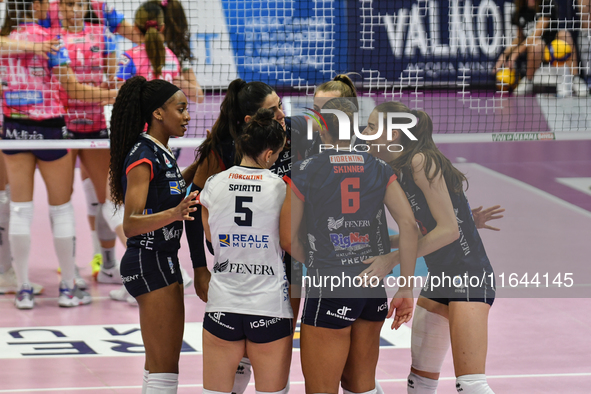 Reale Mutua Fenera Chieri '76 celebrates a point during the Italian women's Serie A1 Volleyball championship Day 1 match between Reale Mutua...