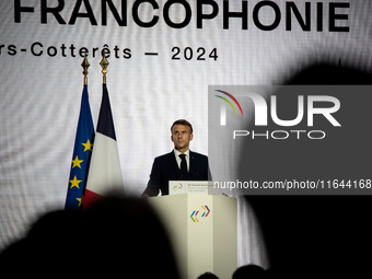 President of the French Republic Emmanuel Macron attends the second and final day of the Francophonie Summit at the Grand Palais in Paris, F...