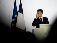 President of the French Republic Emmanuel Macron attends the second and final day of the Francophonie Summit at the Grand Palais in Paris, F...