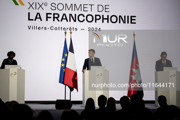 President of the French Republic Emmanuel Macron, Secretary General of the Francophonie Organization Louise Mushikiwabo, and Chenda Sophea S...