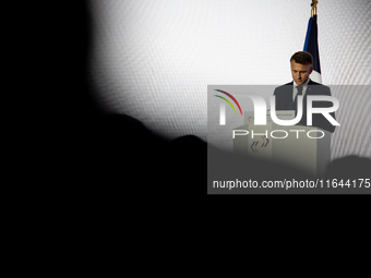 President of the French Republic Emmanuel Macron attends the second and final day of the Francophonie Summit at the Grand Palais in Paris, F...