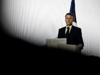 President of the French Republic Emmanuel Macron attends the second and final day of the Francophonie Summit at the Grand Palais in Paris, F...