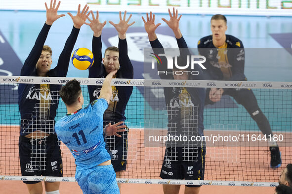 Francesco Sani and Lorenzo Cortesia of Rana Verona block during the match between Rana Verona and Cisterna Volley in the regular season of t...