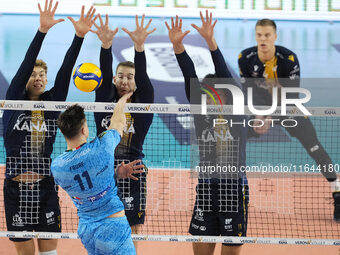 Francesco Sani and Lorenzo Cortesia of Rana Verona block during the match between Rana Verona and Cisterna Volley in the regular season of t...