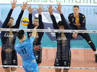 Francesco Sani and Lorenzo Cortesia of Rana Verona block during the match between Rana Verona and Cisterna Volley in the regular season of t...