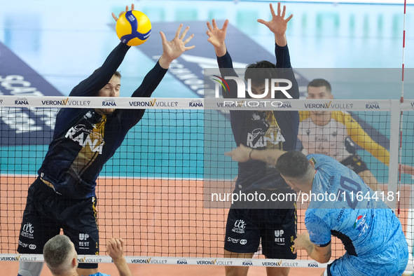 Lorenzo Cortesia of Rana Verona blocks during the match between Rana Verona and Cisterna Volley in the regular season of the SuperLega Itali...