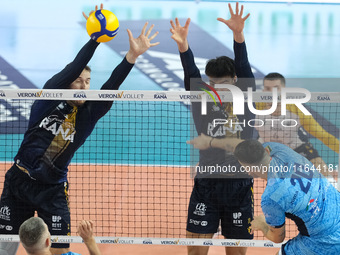 Lorenzo Cortesia of Rana Verona blocks during the match between Rana Verona and Cisterna Volley in the regular season of the SuperLega Itali...