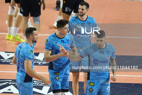 Cisterna Volley celebrates after scoring a point during the match between Rana Verona and Cisterna Volley in the regular season of the Super...