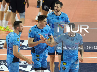 Cisterna Volley celebrates after scoring a point during the match between Rana Verona and Cisterna Volley in the regular season of the Super...