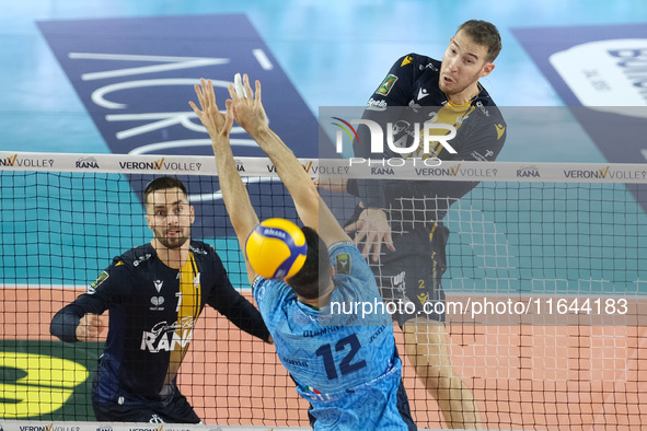 Lorenzo Cortesia of Rana Verona attacks during the match between Rana Verona and Cisterna Volley in the regular season of the SuperLega Ital...