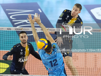 Lorenzo Cortesia of Rana Verona attacks during the match between Rana Verona and Cisterna Volley in the regular season of the SuperLega Ital...