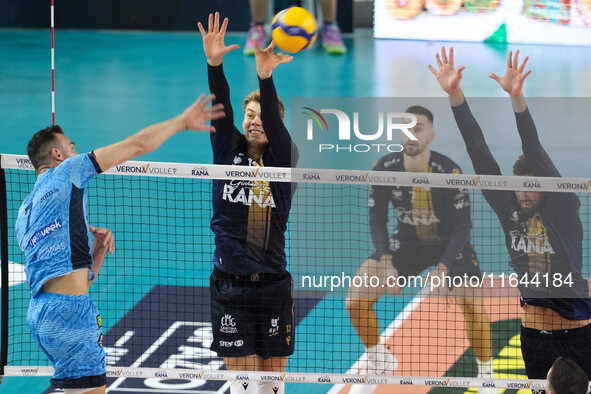 Mads Kyed Jensen of Rana Verona blocks during the match between Rana Verona and Cisterna Volley in the regular season of the SuperLega Itali...