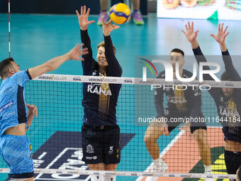 Mads Kyed Jensen of Rana Verona blocks during the match between Rana Verona and Cisterna Volley in the regular season of the SuperLega Itali...