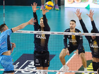 Mads Kyed Jensen of Rana Verona blocks during the match between Rana Verona and Cisterna Volley in the regular season of the SuperLega Itali...