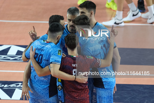 Cisterna Volley celebrates after scoring a point during the match between Rana Verona and Cisterna Volley in the regular season of the Super...