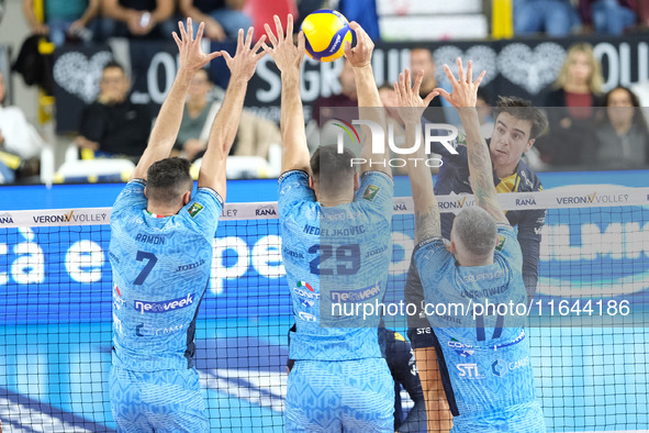 Francesco Sani of Rana Verona attacks during the match between Rana Verona and Cisterna Volley in the regular season of the SuperLega Italia...