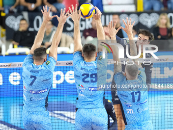 Francesco Sani of Rana Verona attacks during the match between Rana Verona and Cisterna Volley in the regular season of the SuperLega Italia...