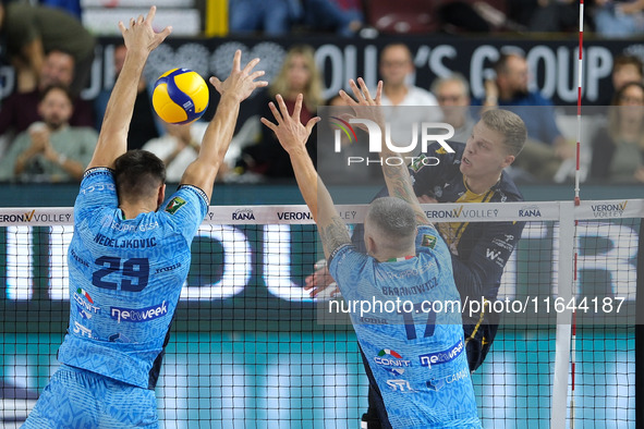 Donovan Dzavoronok of Rana Verona spikes the ball during the match between Rana Verona and Cisterna Volley in the regular season of the Supe...