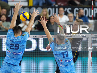 Donovan Dzavoronok of Rana Verona spikes the ball during the match between Rana Verona and Cisterna Volley in the regular season of the Supe...