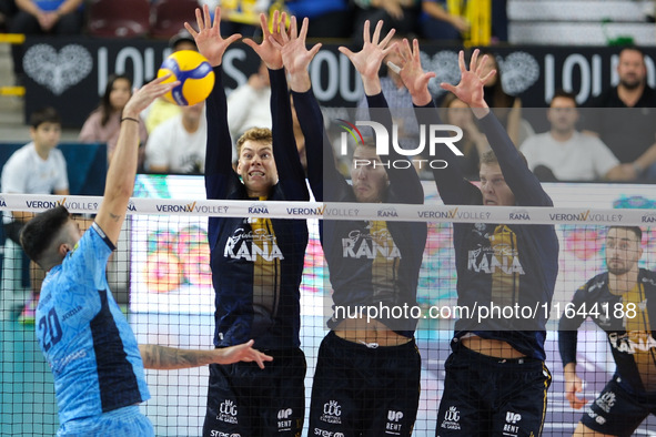 Mads Kyed Jensen of Rana Verona and Lorenzo Cortesia of Rana Verona block during the match between Rana Verona and Cisterna Volley in the re...