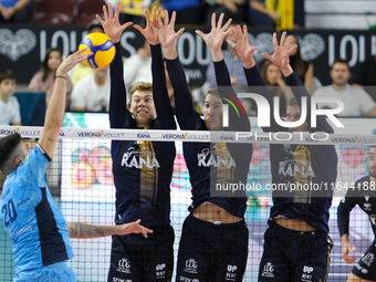 Mads Kyed Jensen of Rana Verona and Lorenzo Cortesia of Rana Verona block during the match between Rana Verona and Cisterna Volley in the re...