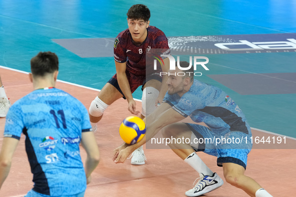 Domenico Pace of Cisterna Volley bumps the ball during the match between Rana Verona and Cisterna Volley in the regular season of the SuperL...