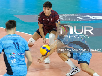 Domenico Pace of Cisterna Volley bumps the ball during the match between Rana Verona and Cisterna Volley in the regular season of the SuperL...