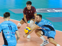 Domenico Pace of Cisterna Volley bumps the ball during the match between Rana Verona and Cisterna Volley in the regular season of the SuperL...