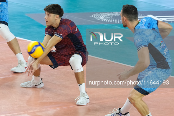 Domenico Pace of Cisterna Volley bumps the ball during the match between Rana Verona and Cisterna Volley in the regular season of the SuperL...