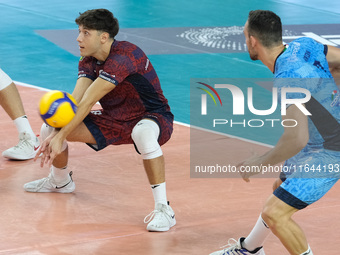 Domenico Pace of Cisterna Volley bumps the ball during the match between Rana Verona and Cisterna Volley in the regular season of the SuperL...