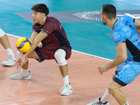 Domenico Pace of Cisterna Volley bumps the ball during the match between Rana Verona and Cisterna Volley in the regular season of the SuperL...