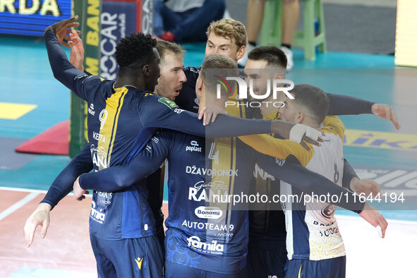 Rana Verona celebrates after scoring a point during the match between Rana Verona and Cisterna Volley in the regular season of the SuperLega...