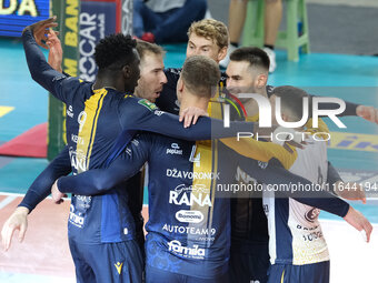 Rana Verona celebrates after scoring a point during the match between Rana Verona and Cisterna Volley in the regular season of the SuperLega...