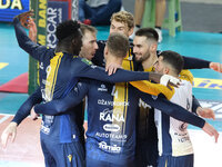 Rana Verona celebrates after scoring a point during the match between Rana Verona and Cisterna Volley in the regular season of the SuperLega...