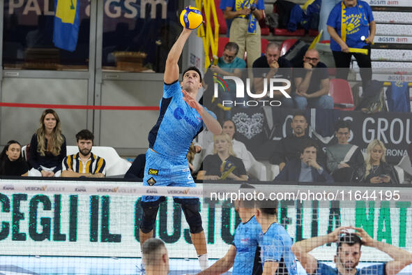 Aleksandar Nedeljkovic of Cisterna Volley serves during the match between Rana Verona and Cisterna Volley in the regular season of the Super...