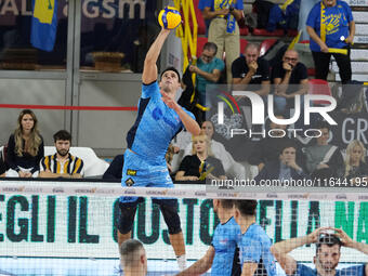 Aleksandar Nedeljkovic of Cisterna Volley serves during the match between Rana Verona and Cisterna Volley in the regular season of the Super...