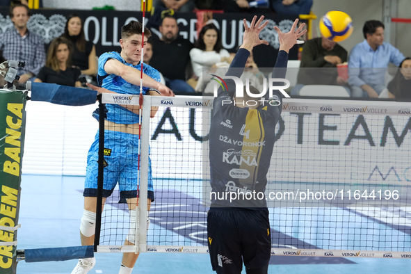 Spike of Theo Faure of Cisterna Volley during the match between Rana Verona and Cisterna Volley in the regular season of the SuperLega Itali...