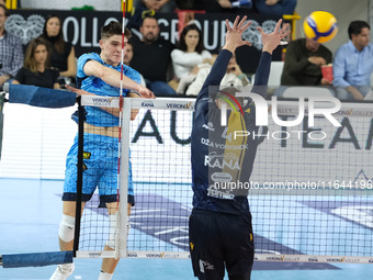 Spike of Theo Faure of Cisterna Volley during the match between Rana Verona and Cisterna Volley in the regular season of the SuperLega Itali...