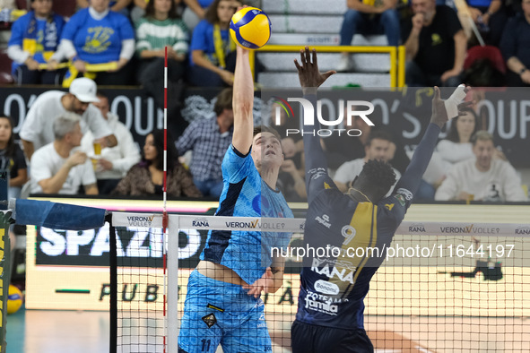 Spike of Theo Faure of Cisterna Volley during the match between Rana Verona and Cisterna Volley in the regular season of the SuperLega Itali...