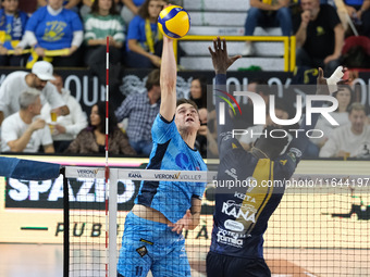 Spike of Theo Faure of Cisterna Volley during the match between Rana Verona and Cisterna Volley in the regular season of the SuperLega Itali...