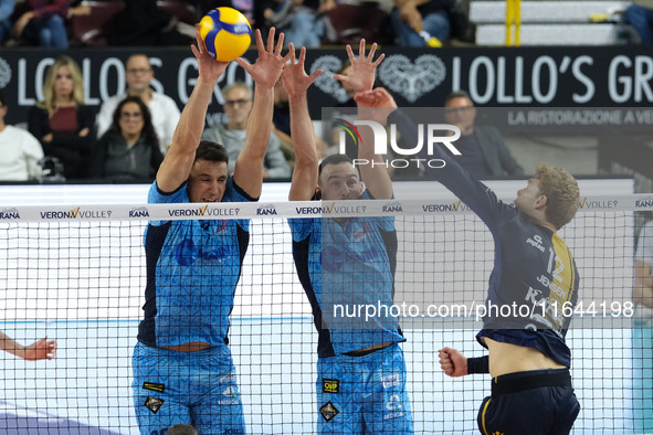 Daniele Mazzone of Cisterna Volley blocks during the match between Rana Verona and Cisterna Volley in the regular season of the SuperLega It...